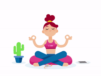 Ilustración de mujer meditando con cactus y celular al lado