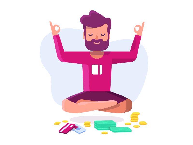 Ilustración de persona meditando rodeada de objetos relajantes y monedas