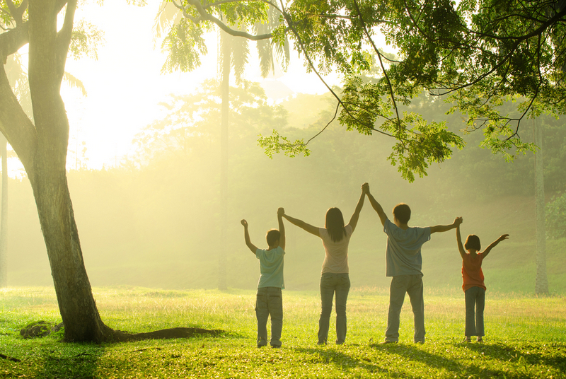 Grupo de personas tomadas de la mano en un parque con luz natural